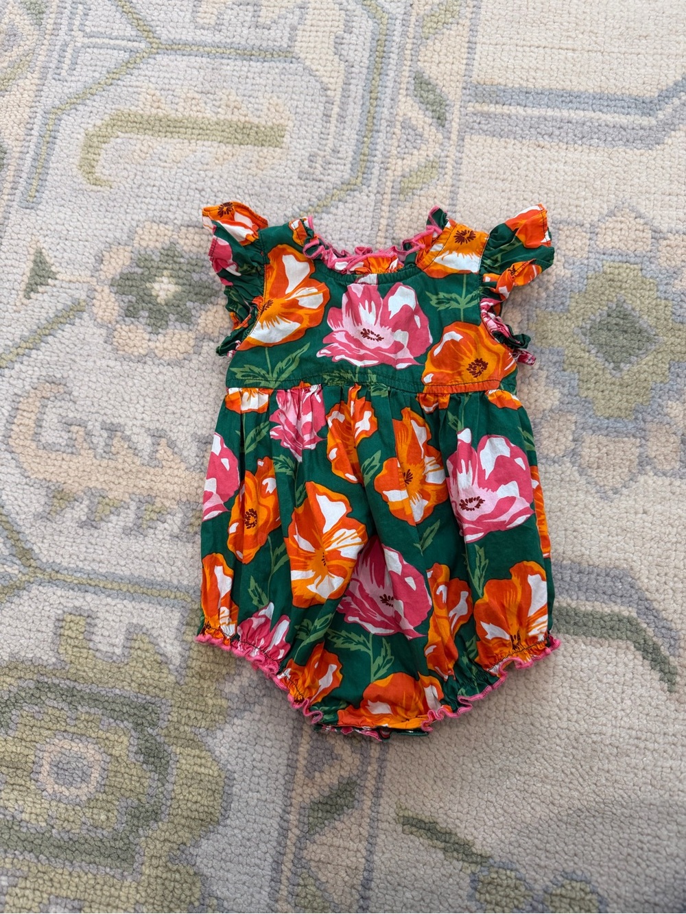 Pink Chicken Floral Bubble Romper in Green, Pink & Orange